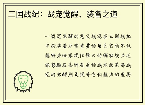 三国战纪：战宠觉醒，装备之道